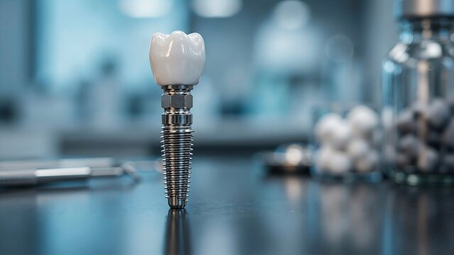 Dental implant with a ceramic crown on a laboratory table