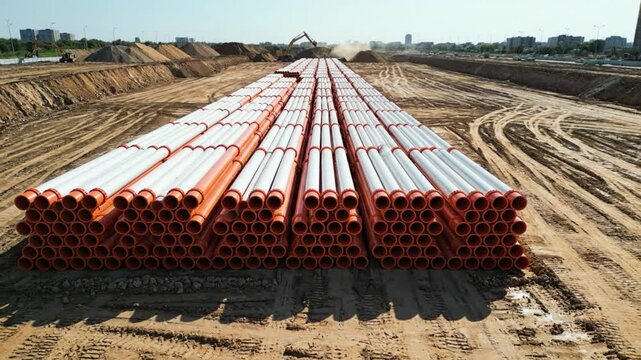 Aerial view of long stacks of orange and white pipes laid out on construction site groundwork