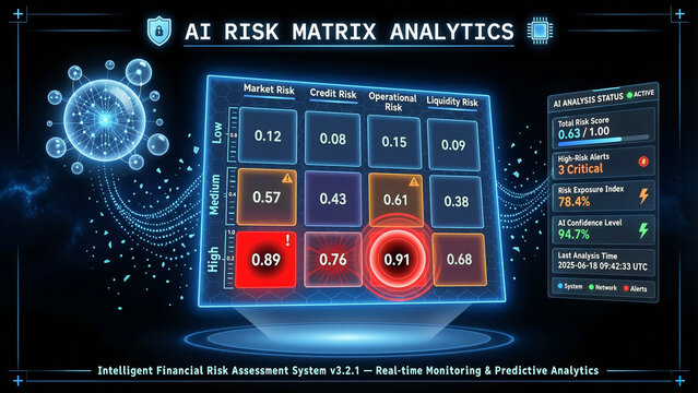 Comprehensive AI financial risk analytics dashboard showing multi-metric heatmap and threat matrix.