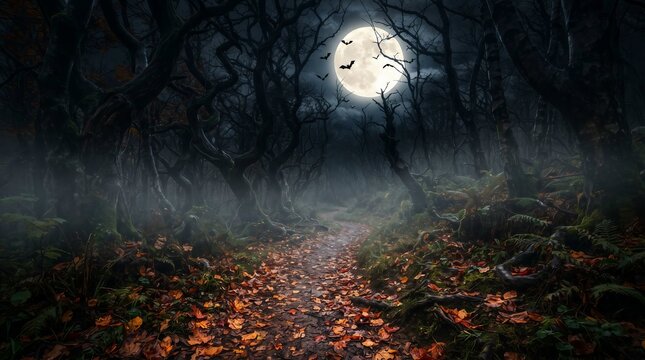 spooky forest path under a full moon with bats flying