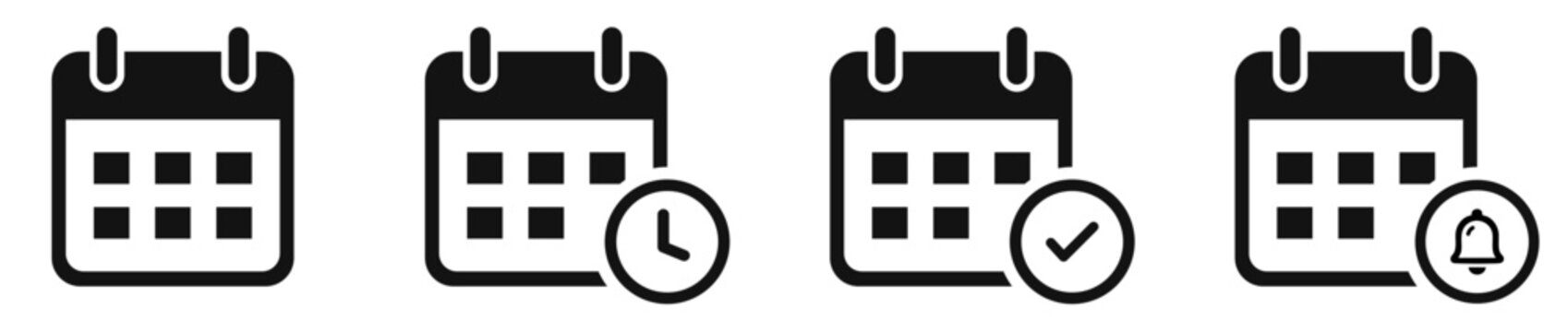 Calendar icon set with schedule, reminder, completed task and notification symbols. Date and event management icons for planning, productivity, app and web UI