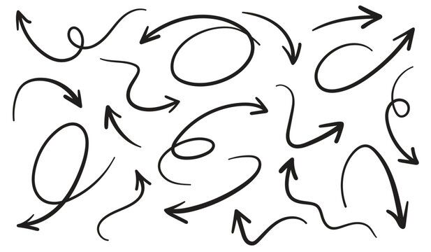 Collection of sketchy hand-drawn vector arrows with dynamic loops and curves, perfect for infographics and presentations.