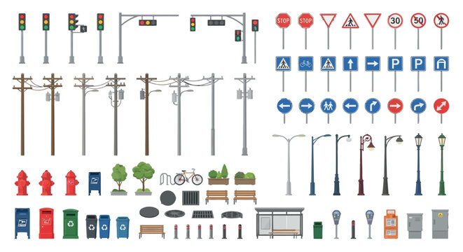 Street Furniture And Traffic Signs Vector Illustration Collection
