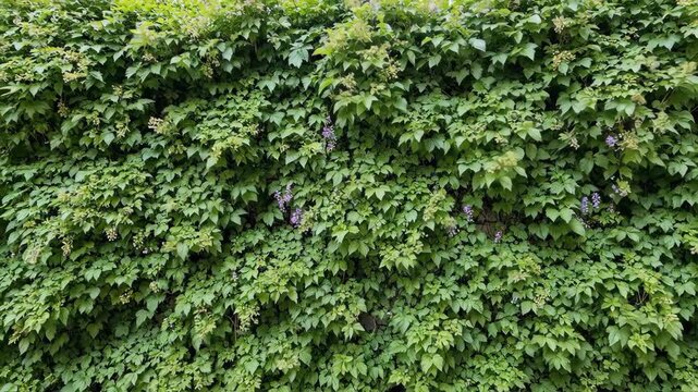 Lush green ivy and climbing plants covering a wall, with small blossoms.