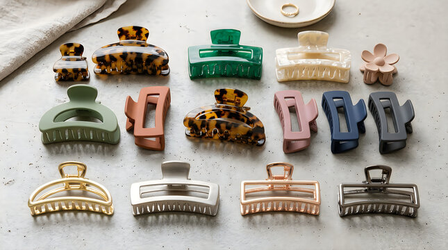 Assortment of trendy hair claw clips on neutral background with accessories assorted collection decorative barrettes