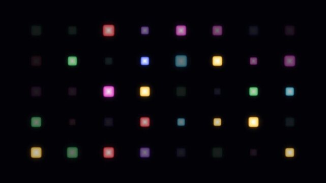 A grid of colorful neon squares pulses with rhythmic light patterns against a deep black background.