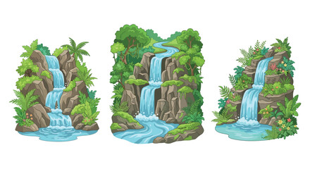 Waterfall scenes with lush vegetation vibrant vector illustration © Sumon