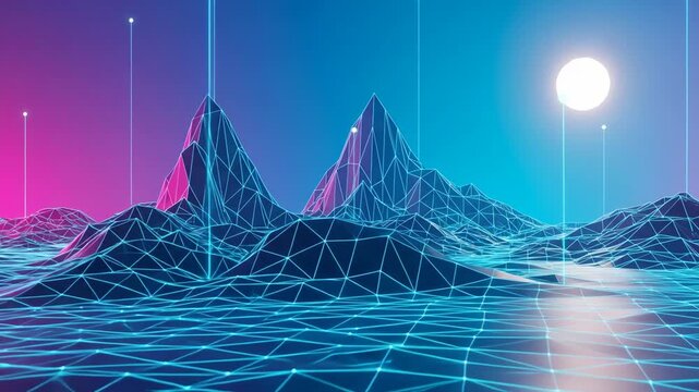 Vibrant retro-futuristic wireframe landscape with glowing mountains and digital grid.