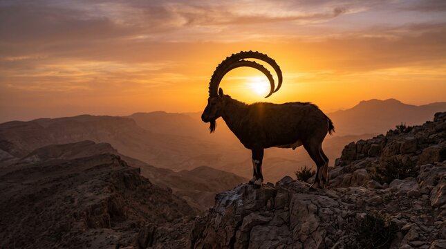 Majestic ibex silhouette on mountain ridge at sunset