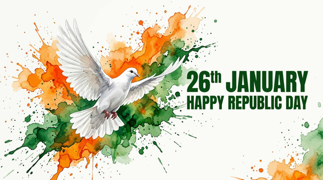 Happy Republic Day 26th January vector illustration, white dove of peace with tricolor watercolor splashes, patriotic Indian holiday background