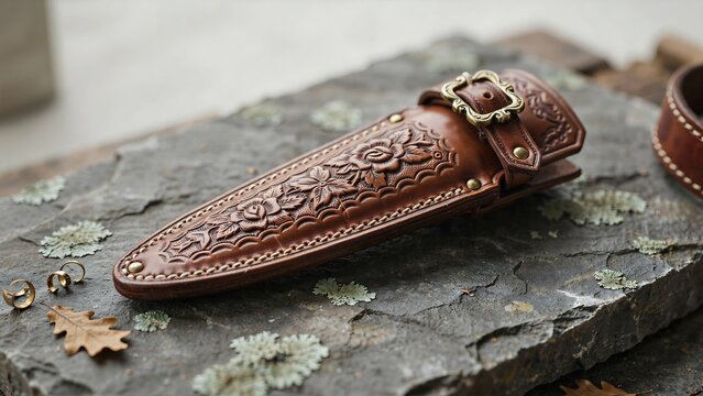 Handcrafted tooled leather knife sheath with floral embossing