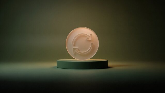 Circular refresh icon symbolizing renewal and repetition on a pedestal.