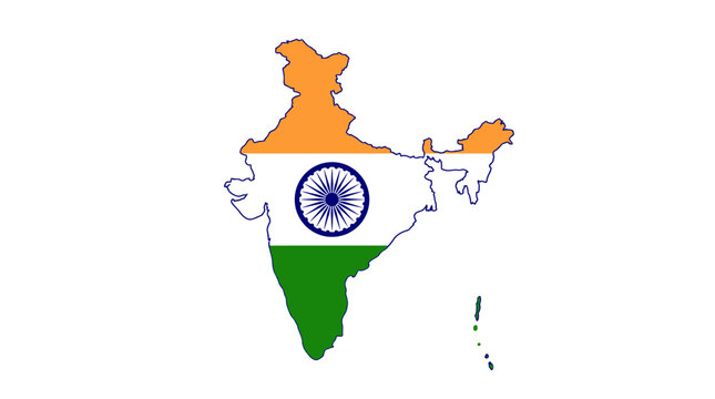 India map vector with national flag colors, tricolor Indian silhouette with Ashoka Chakra, patriotic geography icon for travel and culture