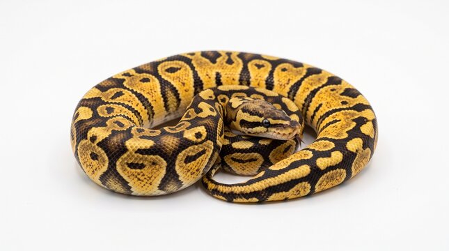 Coiled yellow ball python isolated on white background