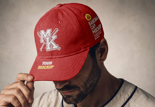 Man Touching Baseball Cap Brim Mockup
