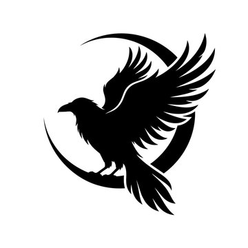 Gothic raven silhouette with crescent moon, mystical black crow vector emblem, pagan bird logo design isolated on White Background
