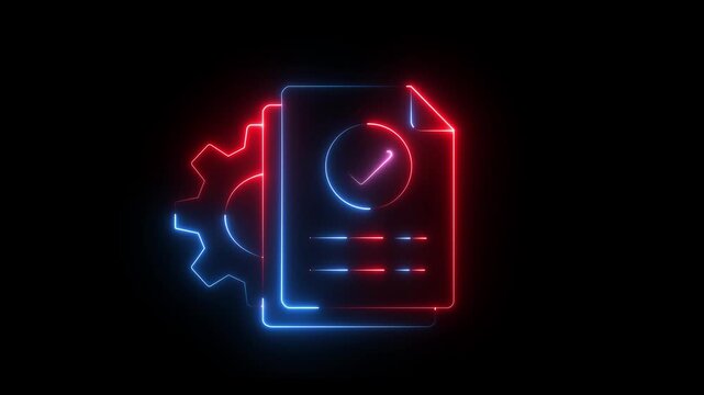 glowing neon Digital document verification and approval with secure online workflow, check marks, data verification, file management icon. Document settings icon animation with file and gear 4k video
