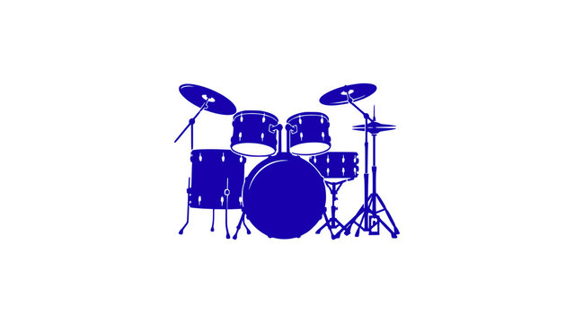 A striking blue silhouette vector illustration of a complete drum kit