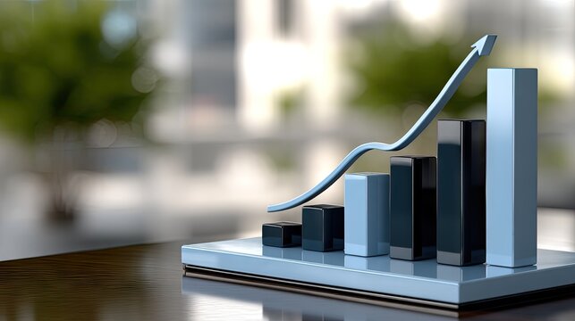 Render shows bar graph with six blue bars on platform with upward arrow indicating growth in business or finance context