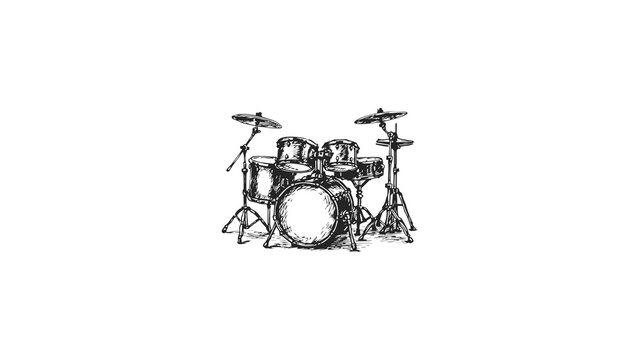 A subtle and detailed hand-drawn sketch of a complete drum kit, rendered in a dark grey