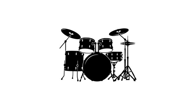 A striking black silhouette vector illustration of a complete drum kit