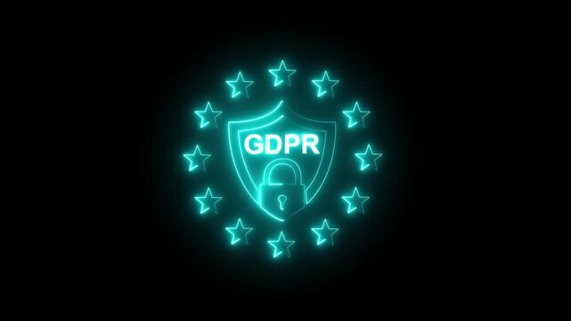 glowing neon EU GDPR icon animation. GDPR icon background animation. General data protection regulation sign with Eu stars around text. GDPR abstract motion design. Privacy alert. 4k video