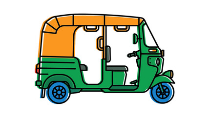 Fototapeta premium Traditional auto rickshaw vector illustration, green and yellow tuk-tuk taxi icon, three-wheeled asian transport vehicle isolated on white background