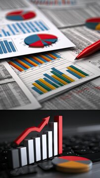 Collection of financial documents with charts and graphs on a laptop keyboard showing data analysis and trends in a detailed manner