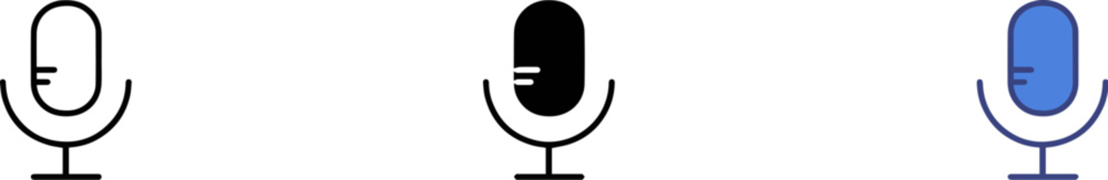 Microphone icon UI set featuring outline solid and blue vector symbols for voice recording audio podcast sound web interface user experience speech input communication graphic