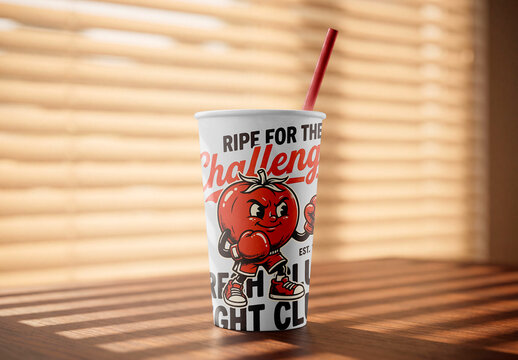 Paper drink cup with straw mockup