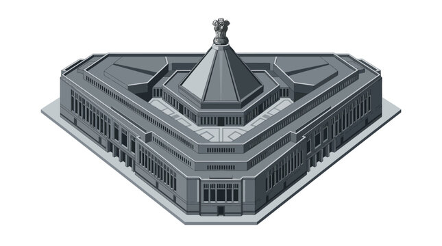 Isometric Indian Parliament building vector illustration, grey triangular government architecture, Sansad Bhavan landmark icon for political news