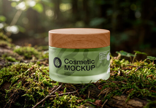 Frosted cosmetic cream jar mockup with wooden lid