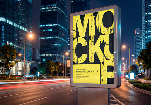 Modern illuminated street billboard mockup in business district