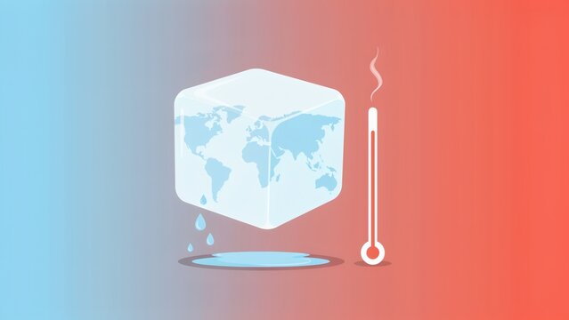 Global warming concept featuring a melting ice cube with a world map inside beside a thermometer against a gradient blue to red background atmosphere