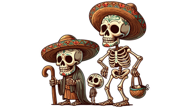 Three Mexican Calavera skeletons family for storybook illustration, family reunion poster, cultural travel guide and Dia de los Muertos greeting card.