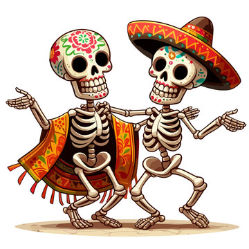 Two dancing Mexican Calavera skeletons couple for music festival poster, party invitation flyer, pair t-shirt print and Dia de los Muertos event design.