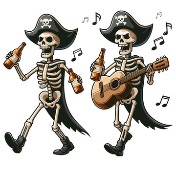 Two pirate skeletons singing with guitar and beer bottles for pub promotional flyer, music festival poster and pirate party apparel print.