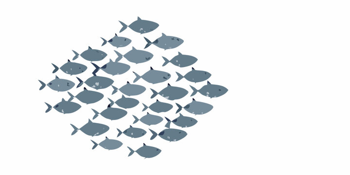 A school of blue fish depicted in a loose watercolor illustration on a white background