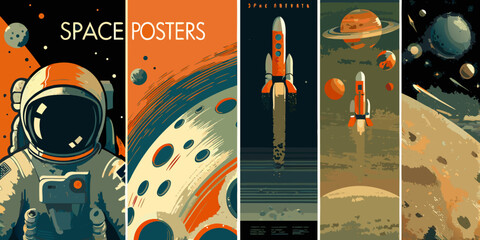 Retro Space Posters Collection Vintage Vector Illustrations Depicting Astronauts Planets And Rockets travel © Biplab