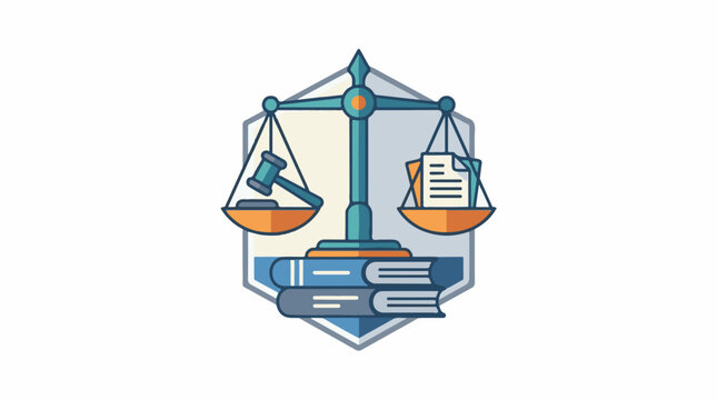 Stylized scales of justice with gavel and papers atop books