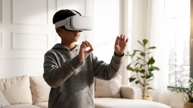 Virtual reality headset technology home interior casual clothing interactive modern living room plant window light entertainment digital boy playing