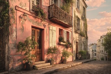 Fototapeta premium Cozy pink house on a sunlit Montmartre street at sunrise