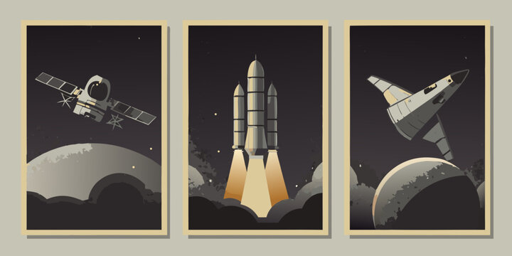 Spacecraft Rocket Launch And Space Shuttle Vector Illustrations In A Retro Style With Dark Backgrounds