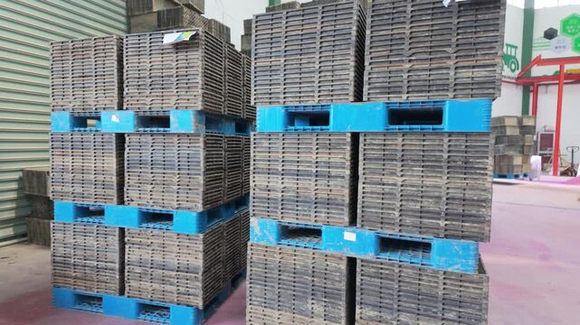 Stacked plastic pallets in the warehouse