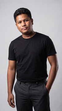 Portrait of a confident young man in casual attire against gray backdrop
