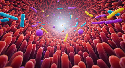 Obraz premium Microscopic view of diverse bacteria and microbes populating the villi of the human intestine.