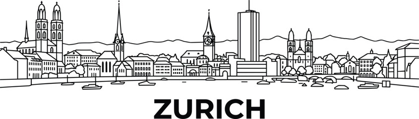 Fototapeta premium Zurich Switzerland City Skyline Vector Illustration with Mountains and Waterfront