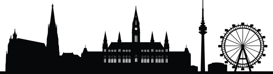 Obraz premium Black Silhouette of Vienna Skyline with St. Stephen’s Cathedral, Rathaus, Donauturm, and Ferris Wheel