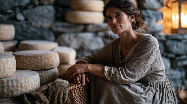 Artisan cheese maker in candlelit stone cellar crouching beside aging wheels after the day's work, muddy garden gloves discarded beside a wicker basket, the quiet aftermath