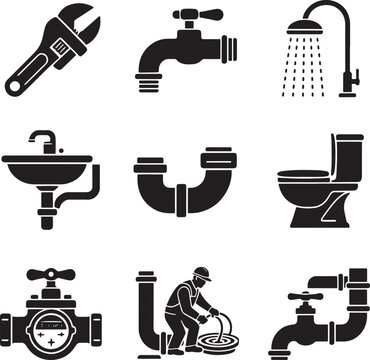 Collection of plumbing icons including wrench faucet sink shower toilet and pipes flat vector design for construction and repair services